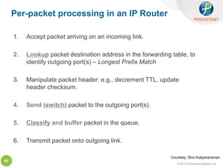 Per-packet processing in an IP Router

     1.   Accept packet arriving on an incoming link.

     2.   Lookup packet destination address in the forwarding table, to
          identify outgoing port(s) – Longest Prefix Match

     3.   Manipulate packet header: e.g., decrement TTL, update
          header checksum.

     4.   Send (switch) packet to the outgoing port(s).

     5.   Classify and buffer packet in the queue.

     6.   Transmit packet onto outgoing link.

                                                              Courtesy: Shiv Kalyanaraman
40
                                                                 © 2012 Persistent Systems Ltd
 