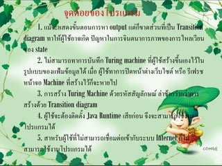 จุดด้อยของโปรแกรม
     1. แม้จะแสดงขั้นตอนการหา output แต่ก็ขาดส่วนที่เป็น Transition
diagram ทาให้ผู้ใช้อาจเกิด ปัญหาในการจินตนาการภาพของการไหลเวียน
ของ state
     2. ไม่สามารถทาการบันทึก Turing machine ที่ผู้ใช้สร้างขึ้นเองไว้ใน
รูปแบบของแฟ้มข้อมูลได้ เมื่อ ผู้ใช้ทาการปิดหน้าต่างเว็บไซต์ หรือ รีเฟรช
หน้าจอ Machine ที่สร้างไว้ก็จะหายไป
     3. การสร้าง Turing Machine ด้วยรหัสสัญลักษณ์ ล่าช้ากว่ากว่าการ
สร้างด้วย Transition diagram
     4. ผู้ใช้จะต้องติดตั้ง Java Runtime เสียก่อน จึงจะสามารถใช้งาน
โปรแกรมได้
     5. สาหรับผู้ใช้ที่ไม่สามารถเชื่อมต่อเข้ากับระบบ Internet ก็ไม่
สามารถใช้งานโปรแกรมได้
 