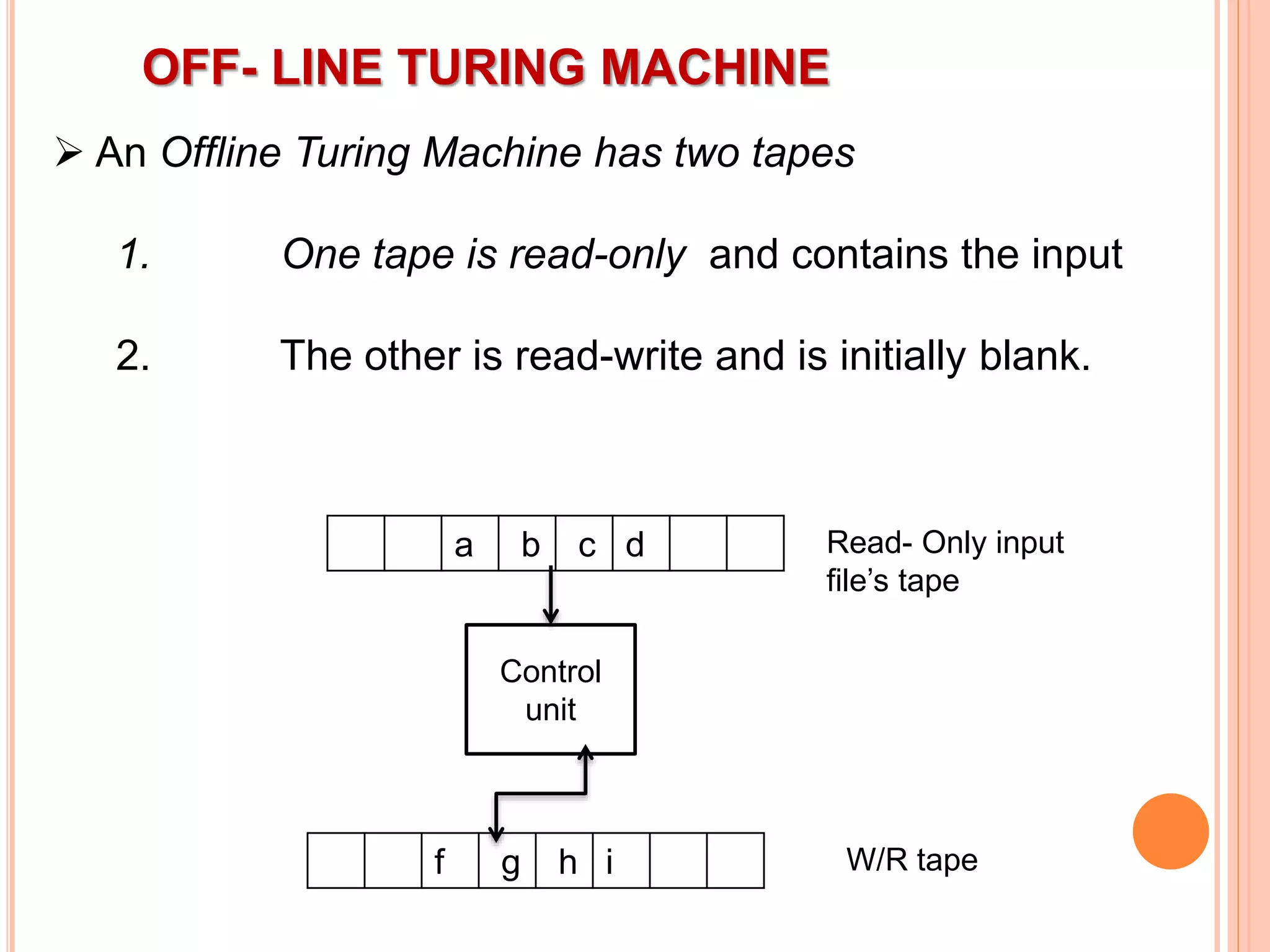 OFF- LINE TURING MACHINE
 An Offline Turing Machine has two tapes
1. One tape is read-only and contains the input
2. The other is read-write and is initially blank.
a b c d
Control
unit
f g h i
Read- Only input
file’s tape
W/R tape
 
