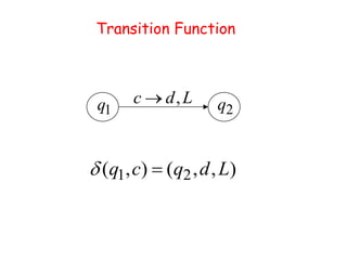 Transition Function



q1   c   d, L    q2


(q1, c) (q2 , d , L)
 