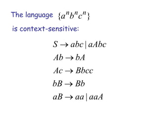 The language        n n n
               {a b c }
is context-sensitive:

            S        abc | aAbc
               Ab     bA
               Ac     Bbcc
            bB        Bb
            aB        aa | aaA
 