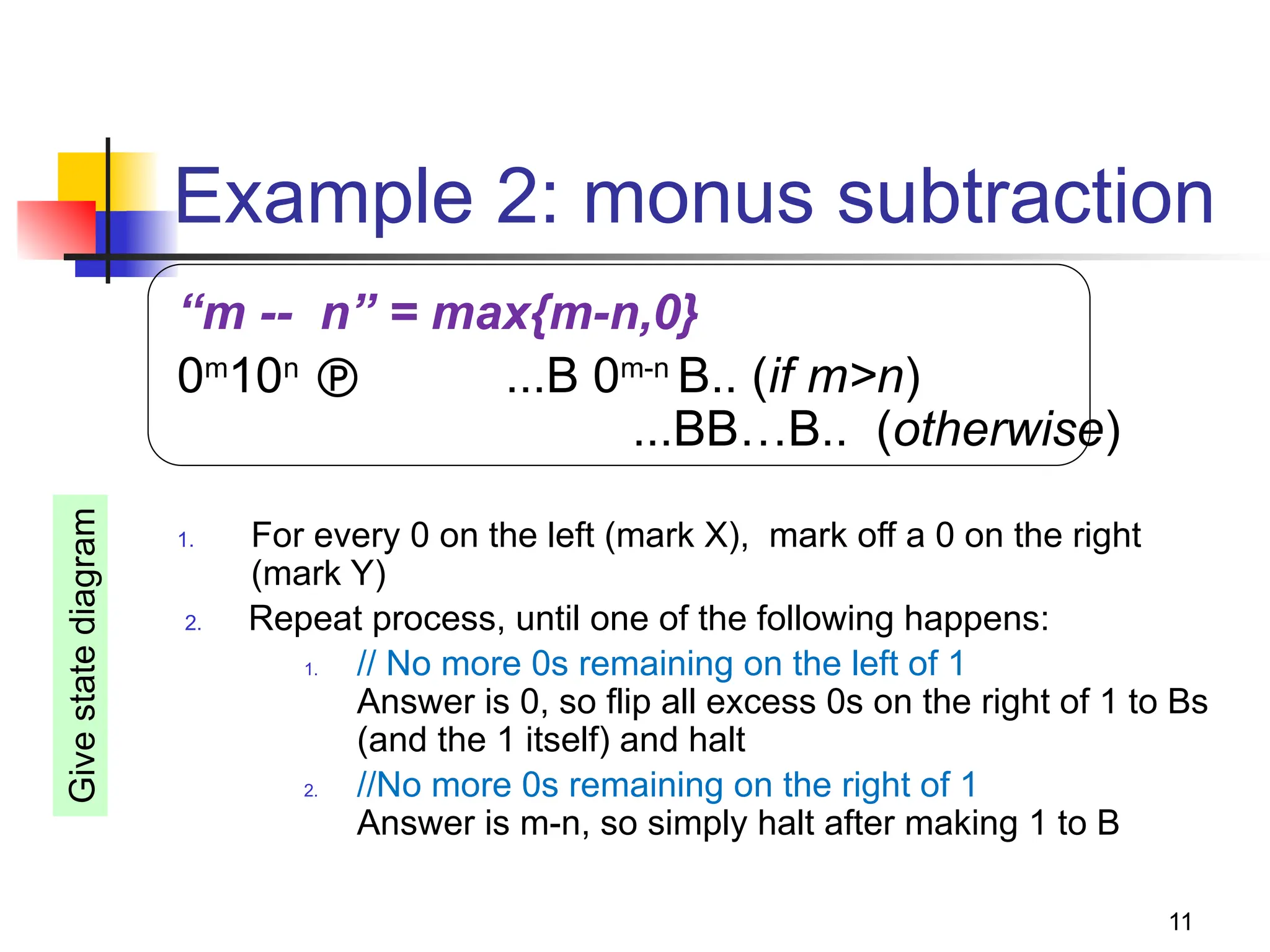 11
Example 2: monus subtraction
“m -- n” = max{m-n,0}
0m
10n
 ...B 0m-n
B.. (if m>n)
...BB…B.. (otherwise)
1. For every 0 on the left (mark X), mark off a 0 on the right
(mark Y)
2. Repeat process, until one of the following happens:
1. // No more 0s remaining on the left of 1
Answer is 0, so flip all excess 0s on the right of 1 to Bs
(and the 1 itself) and halt
2. //No more 0s remaining on the right of 1
Answer is m-n, so simply halt after making 1 to B
Give
state
diagram
 