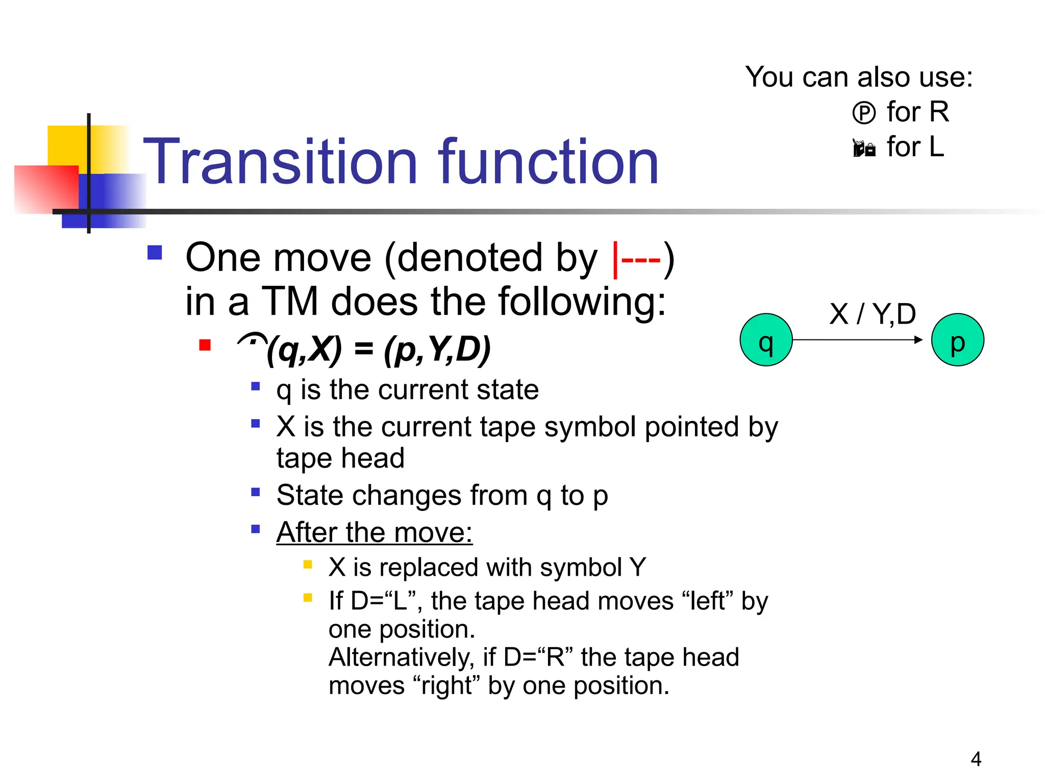 4
Transition function
 One move (denoted by |---)
in a TM does the following:
 (q,X) = (p,Y,D)

q is the current state

X is the current tape symbol pointed by
tape head

State changes from q to p

After the move:
 X is replaced with symbol Y
 If D=“L”, the tape head moves “left” by
one position.
Alternatively, if D=“R” the tape head
moves “right” by one position.
q p
X / Y,D
You can also use:
 for R
 for L
 