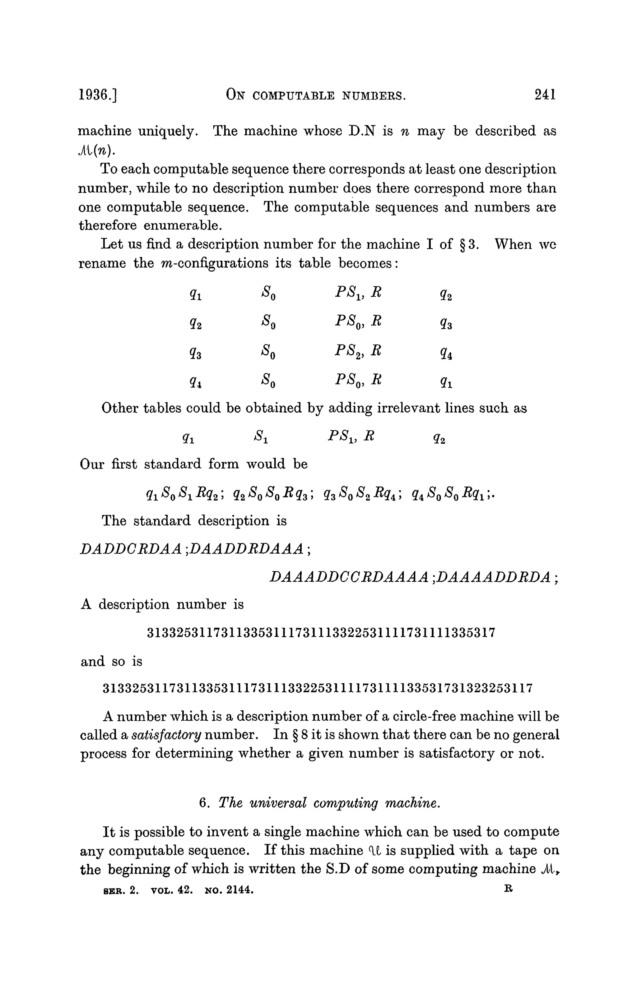 1936.] ON COMPUTABLE NUMBERS. 241
machine uniquely. The machine whose D.N is n may be described as
To each computable sequence there corresponds at least one description
number, while to no description number does there correspond more than
one computable sequence. The computable sequences and numbers are
therefore enumerable.
Let us find a description number for the machine I of § 3. When we
rename the m-configurations its table becomes:
q-L ^ o *b1} K q2
q2 SQ P8O, R q3
q3 So PS2) R #4
ft SQ
PS
o>R ft
Other tables could be obtained by adding irrelevant lines such as
qx Sx PSVR q2
Our first standard form would be
qxOQOJRq%j q%^o^o-"ft» 2*3®o^2-"ft' ft^o^oRQJ•
The standard description is
DADDCRDAA ;DAADDRDAAA;
I ^ ^ D D C C t f i ) ^ ^ DAAAADDRDA;
A description number is
31332531173113353111731113322531111731111335317
and so is
3133253117311335311173111332253111173111133531731323253117
A number which is a description number of a circle-free machine will be
called a satisfactory number. In § 8 it is shown that there can be no general
process for determining whether a given number is satisfactory or not.
6. The universal computing machine.
It is possible to invent a single machine which can be used to compute
any computable sequence. If this machine M is supplied with a tape on
the beginning of which is written the S.D of some computing machine .At,
8KR. 2. VOL. 42. NO. 2144. B
 