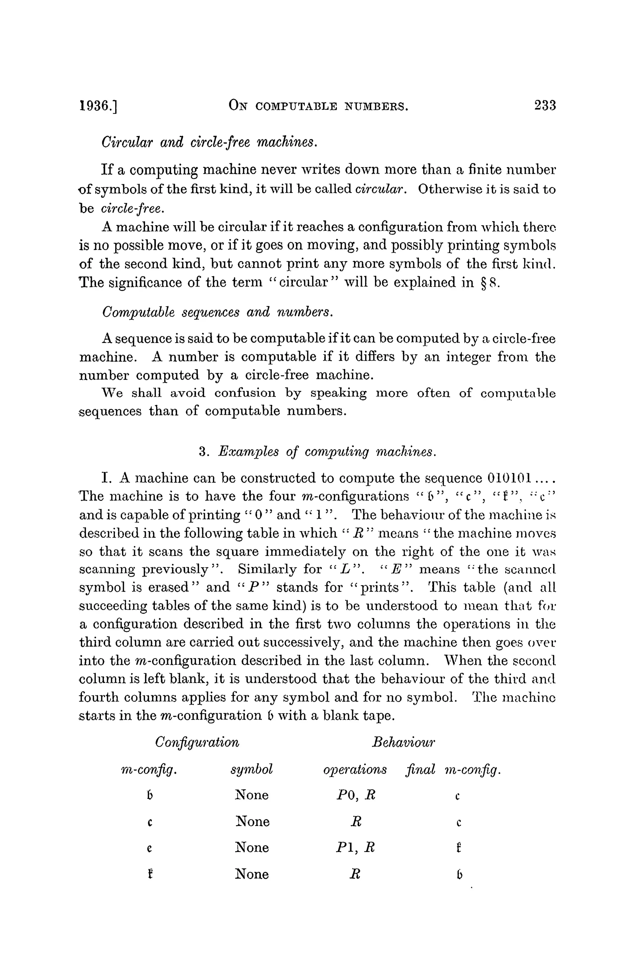 1936.] ON COMPUTABLE NUMBERS. 233
Circular and circle-free machines.
If a computing machine never writes down more than a finite number
of symbols of the first kind, it will be called circular. Otherwise it is said to
be circle-free.
A machine will be circular if it reaches a configuration from which there
is no possible move, or if it goes on moving, and possibly printing symbols
of the second kind, but cannot print any more symbols of the first kind.
The significance of the term "circular" will be explained in §8.
Computable sequences and numbers.
A sequence is said to be computable if it can be computed by a circle-free
machine. A number is computable if it differs by an integer from the
number computed by a circle-free machine.
We shall avoid confusion by speaking more often of computable
sequences than of computable numbers.
3. Examples of computing machines.
I. A machine can be constructed to compute the sequence 010101....
The machine is to have the four m-configurations " b " , "c", "£", "c:>
and is capable of printing " 0 " and " 1 ". The behaviour of the machine is
described in the following table in which " R " means "the machine moves
so that it scans the square immediately on the right of the one it was
scanning previously". Similarly for "L". "E" means "the scanned
symbol is erased" and " P " stands for "prints". This table (and all
succeeding tables of the same kind) is to be understood to mean that for
a configuration described in the first two columns the operations in the
third column are carried out successively, and the machine then goes over
into the m-configuration described in the last column. When the second
column is left blank, it is understood that the behaviour of the third and
fourth columns applies for any symbol and for no symbol. The machine
starts in the m-configuration b with a blank tape.
-config.
Configuration
m-config.
b
c
c
I
symbol
None
None
None
None
Behaviour
operations final
PO, R
R
PI, R
R
c
c
t
b
 