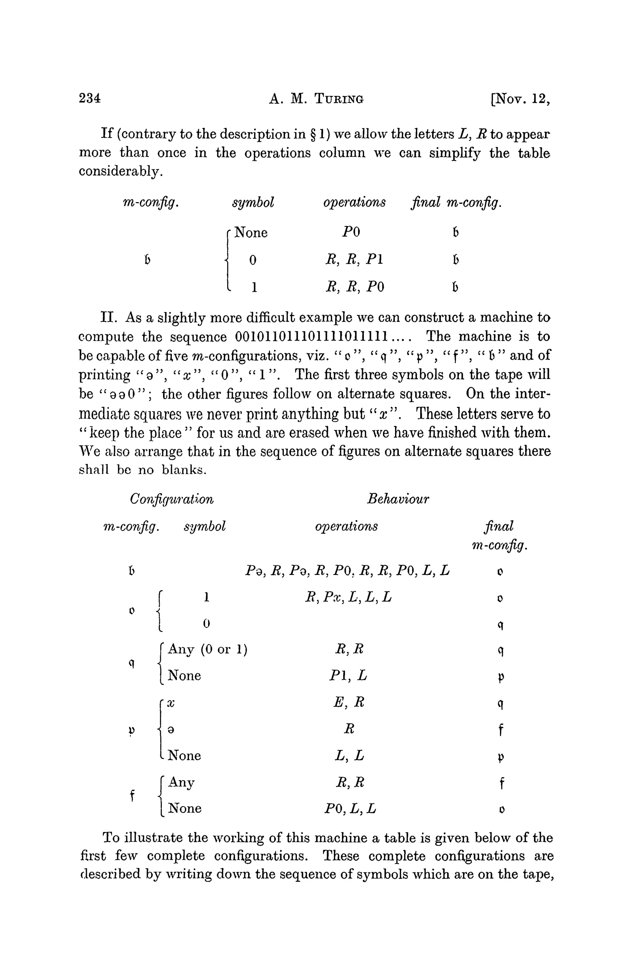 234 A. M. TURING [NOV. 12,
If (contrary to the description in § 1) we allow the letters L, R to appear
more than once in the operations column we can simplify the table
considerably.
m-config. symbol
None
0
1
operations
PO
R, R, PI
R, R, PO
final m-config.
6
b
b
II. As a slightly more difficult example we can construct a machine to
compute the sequence 001011011101111011111 The machine is to
be capable of five ra-configurations, viz. " o ", " q ", "p ", " f ", " b " and of
printing "o", "x", " 0 " , " 1 " . The first three symbols on the tape will
be " aoO " ; the other figures follow on alternate squares. On the inter-
mediate squares we never print anything but "x". These letters serve to
" keep the place " for us and are erased when we have finished with them.
We also arrange that in the sequence of figures on alternate squares there
shall be no blanks.
Configuration
m-config. symbol
b Pa,
• { ;
fAny (0 or 1)
rt J
q i
[ None
1 g
^ 1I None
fAny
None
Behaviour
operations
R, Po, R, PO. R, R, PO, L, L
i?, Px, L, L, L
R, R
PI, L
E, R
R
L, L
R,R
PO, L, L
final
m-config.
0
0
q
q
p
q
f
p
f
0
To illustrate the working of this machine a table is given below of the
first few complete configurations. These complete configurations are
described by writing down the sequence of symbols which are on the tape,
 