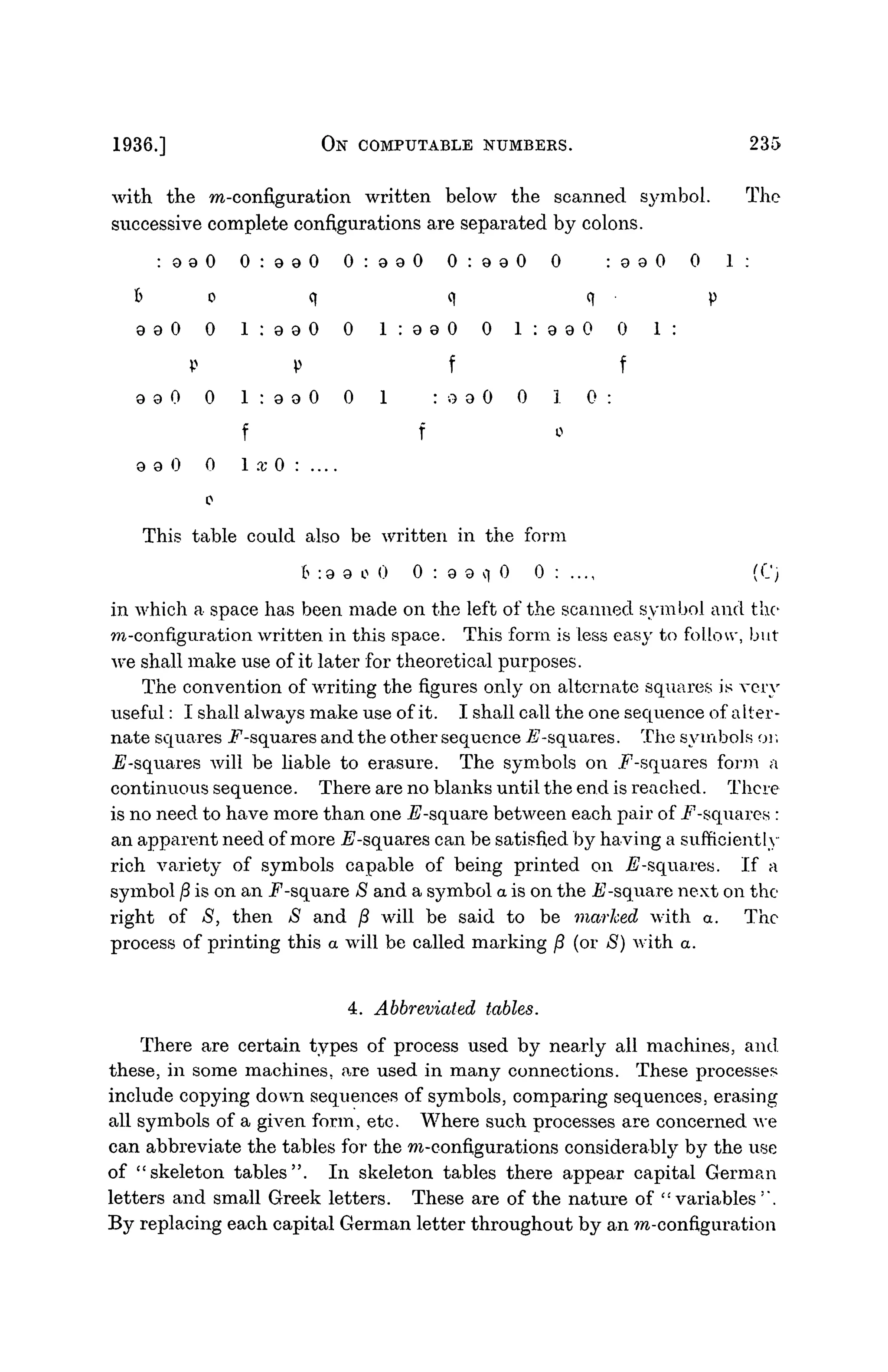 1936.] ON COMPUTABLE NUMBERS. 235
with the m-configuration written below the scanned symbol. The
successive complete configurations are separated by colons.
: 9 9 0 O r o o O 0 : 9 9 0 0 : 9 9 0 0 : 9 9 0 0 1 :
b o q q q p
9 9 0 0 1 : 9 9 0 0 1 : 9 9 0 0 1 : 9 9 0 0 1 :
P P f f
9 9 0 0 1 : 9 9 0 0 1 : o a 0 0 1 0 :
f f
9 9 0 0 H-0: .
.
.
.
c
This table could also be written in the form
b :9 9 o 0 0 : 9 9 q 0 0 : ..., (C)
in which a space has been made on the left of the scanned symbol and the*
m-configuration written in this space. This form is less easy to follow, but
we shall make use of it later for theoretical purposes.
The convention of writing the figures only on alternate squares is very
useful: I shall always make use of it. I shall call the one sequence of alter-
nate squares JF'-squares and the other sequence ^/-squares. The symbols oi•
.
^-squares will be liable to erasure. The symbols on F-squares form a
continuous sequence. There are no blanks until the end is reached. There
is no need to have more than one jE'-square between each pair of .F-squarcs :
an apparent need of more ^/-squares can be satisfied by having a sufficiently
rich variety of symbols capable of being printed on ^-squares. If a
symbol /3 is on an F-square S and a symbol a is on the ^-square next on the
right of S, then S and /3 will be said to be marked with a. The
process of printing this a will be called marking jS (or S) with a.
4. Abbreviated tables.
There are certain types of process used by nearly all machines, and.
these, in some machines, are used in many connections. These processes
include copying down sequences of symbols, comparing sequences, erasing
all symbols of a given form, etc. Where such processes are concerned we
can abbreviate the tables for the m-configurations considerably by the use
of "skeleton tables". In skeleton tables there appear capital German
letters and small Greek letters. These are of the nature of "variables '".
By replacing each capital German letter throughout by an ^^-configuration
 