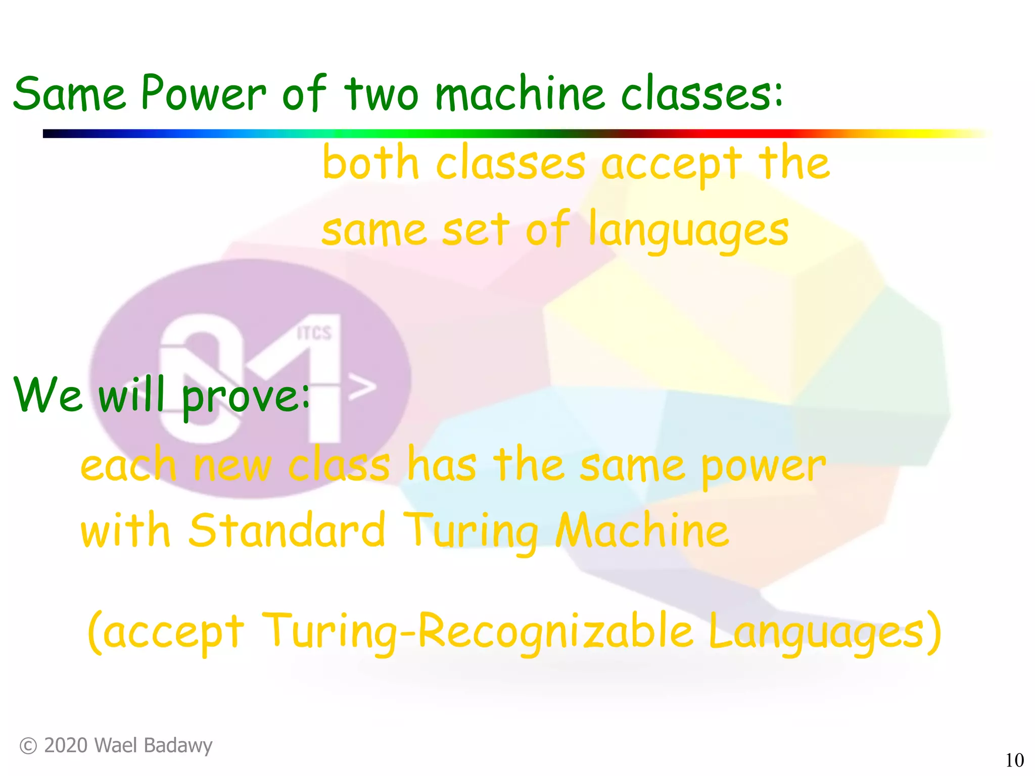 © 2020 Wael Badawy
10
We will prove:
each new class has the same power
with Standard Turing Machine
Same Power of two machine classes:
both classes accept the
same set of languages
(accept Turing-Recognizable Languages)
 