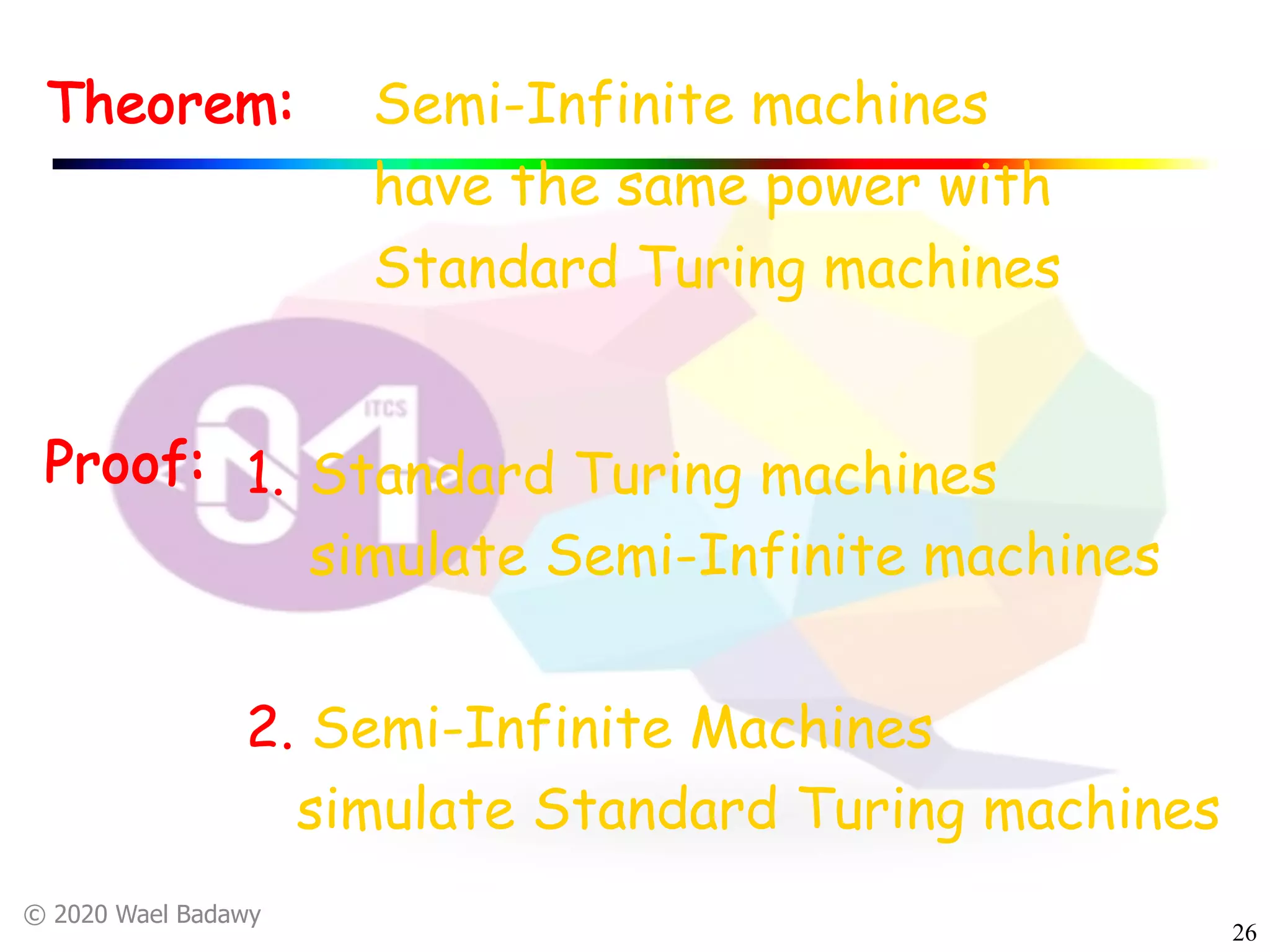 © 2020 Wael Badawy
26
Semi-Infinite machines
have the same power with
Standard Turing machines
Theorem:
Proof:
2. Semi-Infinite Machines
simulate Standard Turing machines
1. Standard Turing machines
simulate Semi-Infinite machines
 