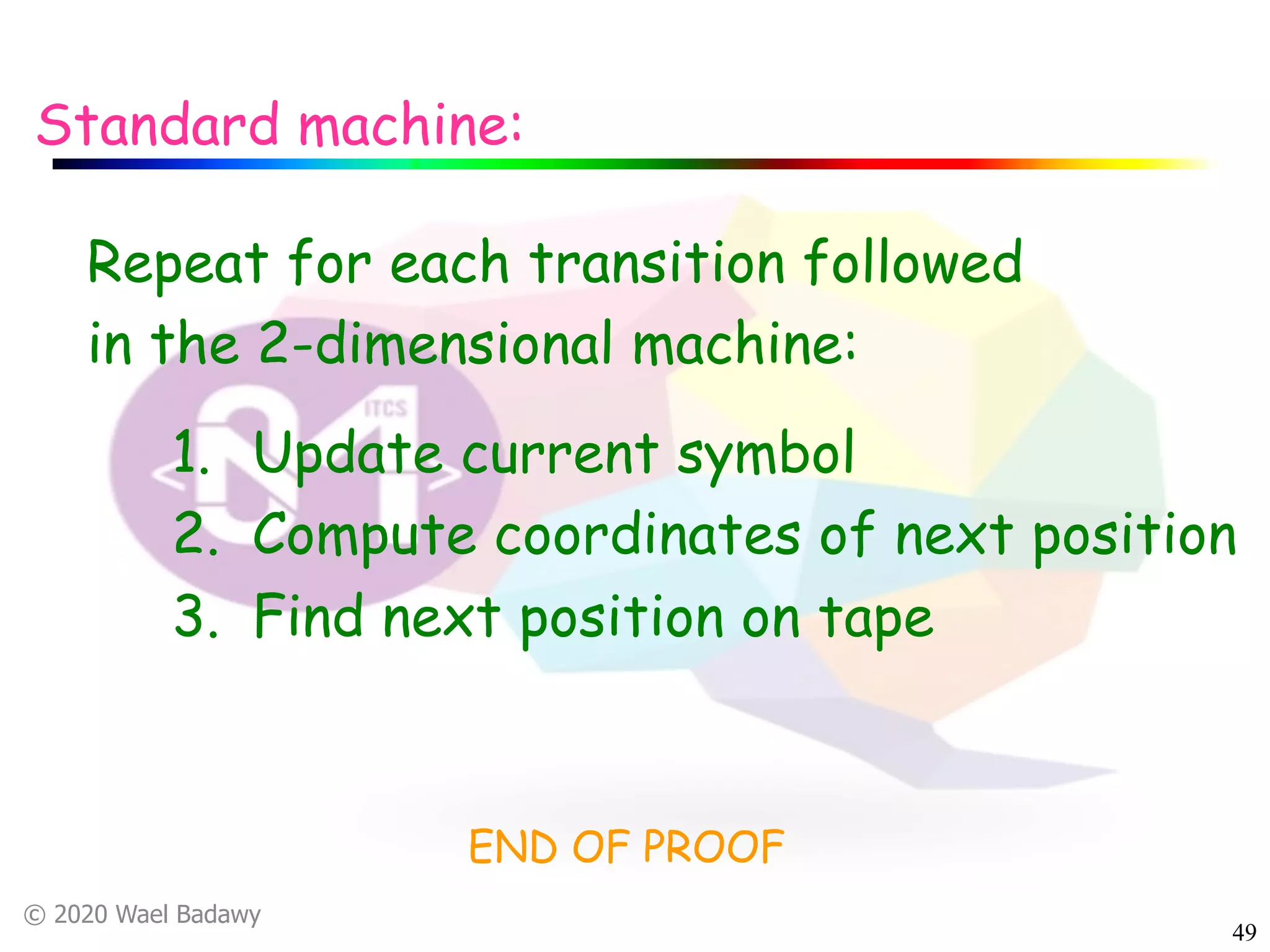 © 2020 Wael Badawy
49
Repeat for each transition followed
in the 2-dimensional machine:
1. Update current symbol
2. Compute coordinates of next position
3. Find next position on tape
Standard machine:
END OF PROOF
 