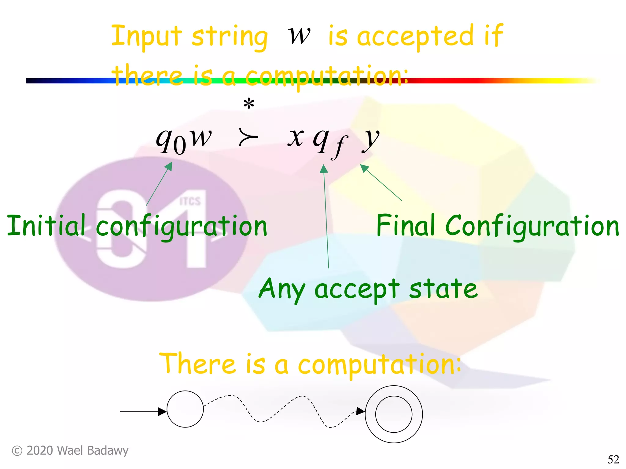 © 2020 Wael Badawy
52
Input string is accepted if
there is a computation:
w
yqxwq f
*
!0
Initial configuration Final Configuration
Any accept state
There is a computation:
 
