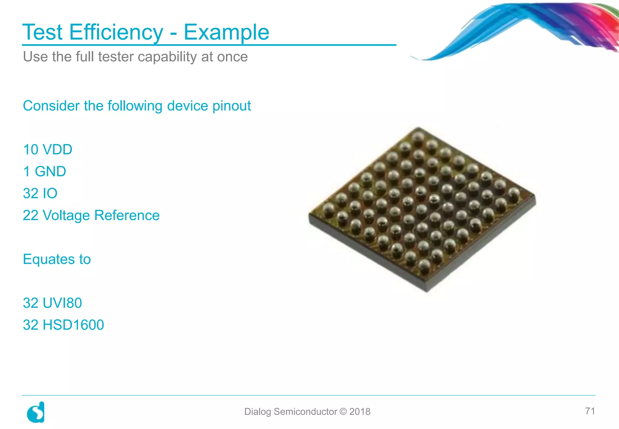 Consider the following device pinout
10 VDD
1 GND
32 IO
22 Voltage Reference
Equates to
32 UVI80
32 HSD1600
Test Efficiency - Example
Dialog Semiconductor © 2018 71
Use the full tester capability at once
 
