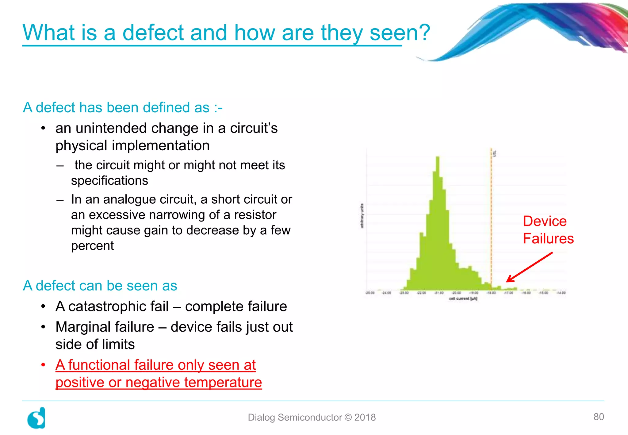 A defect has been defined as :-
• an unintended change in a circuit’s
physical implementation
– the circuit might or might not meet its
specifications
– In an analogue circuit, a short circuit or
an excessive narrowing of a resistor
might cause gain to decrease by a few
percent
A defect can be seen as
• A catastrophic fail – complete failure
• Marginal failure – device fails just out
side of limits
• A functional failure only seen at
positive or negative temperature
What is a defect and how are they seen?
Dialog Semiconductor © 2018 80
Device
Failures
 