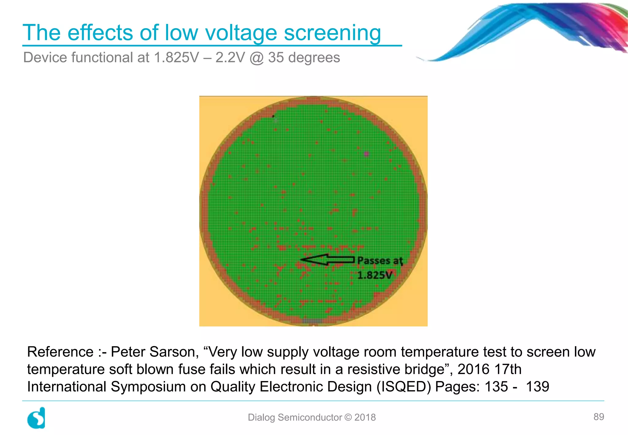 The effects of low voltage screening
Device functional at 1.825V – 2.2V @ 35 degrees
Dialog Semiconductor © 2018 89
Reference :- Peter Sarson, “Very low supply voltage room temperature test to screen low
temperature soft blown fuse fails which result in a resistive bridge”, 2016 17th
International Symposium on Quality Electronic Design (ISQED) Pages: 135 - 139
 