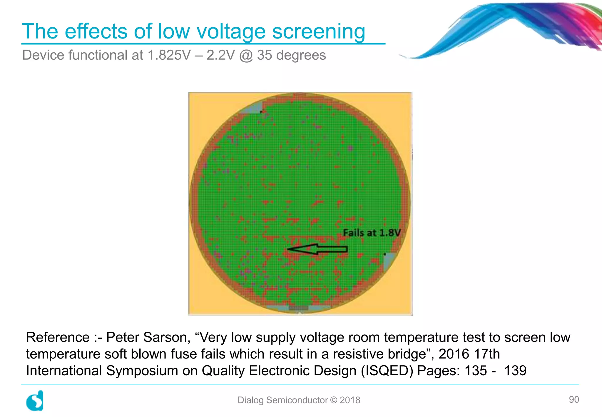 The effects of low voltage screening
Device functional at 1.825V – 2.2V @ 35 degrees
Dialog Semiconductor © 2018 90
Reference :- Peter Sarson, “Very low supply voltage room temperature test to screen low
temperature soft blown fuse fails which result in a resistive bridge”, 2016 17th
International Symposium on Quality Electronic Design (ISQED) Pages: 135 - 139
 