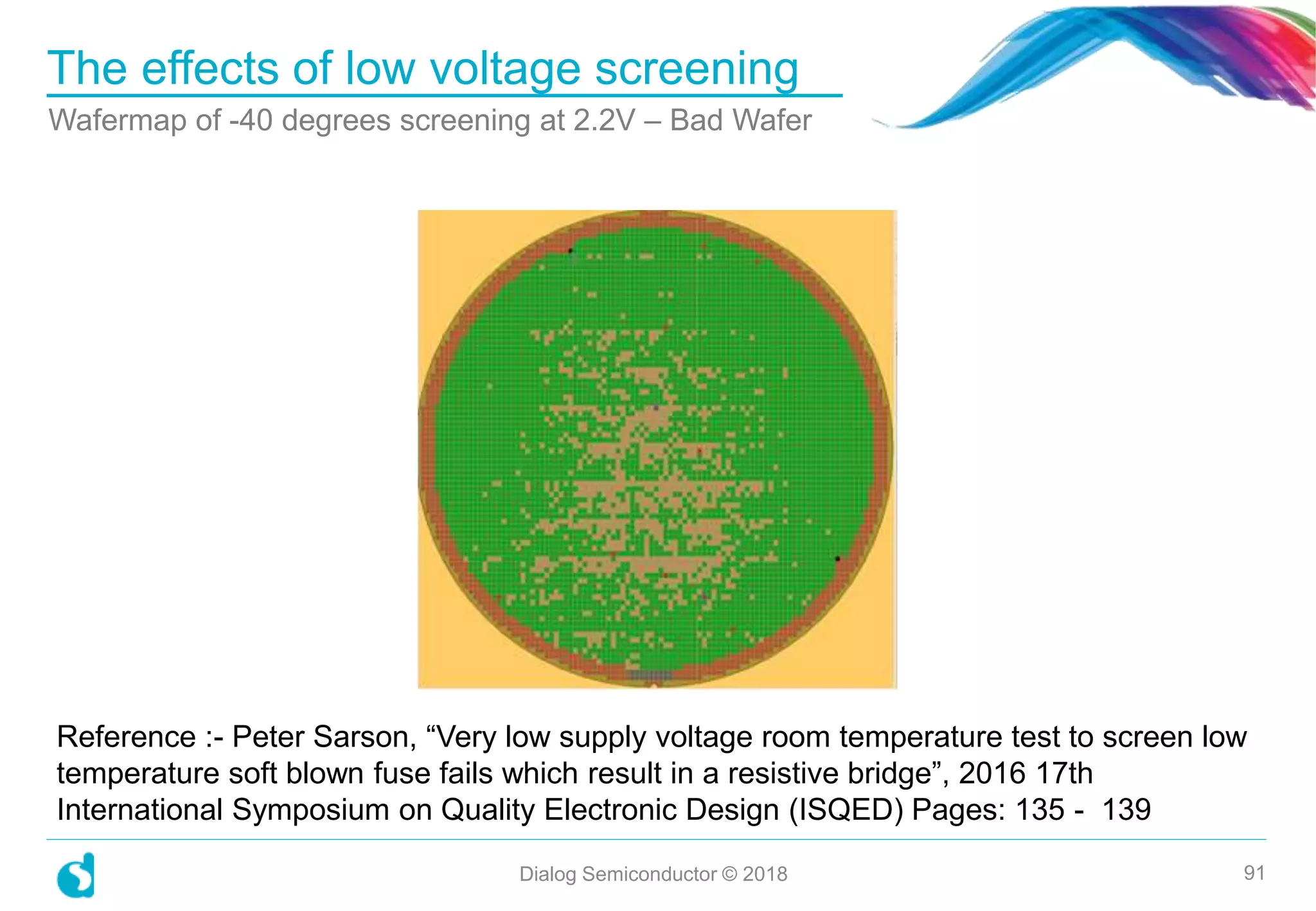 The effects of low voltage screening
Wafermap of -40 degrees screening at 2.2V – Bad Wafer
Dialog Semiconductor © 2018 91
Reference :- Peter Sarson, “Very low supply voltage room temperature test to screen low
temperature soft blown fuse fails which result in a resistive bridge”, 2016 17th
International Symposium on Quality Electronic Design (ISQED) Pages: 135 - 139
 