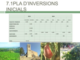 7.1PLA D’INVERSIONS
INICIALS
2013
NOVEMBRE

PUBLICITAT I PROMOCIÓ

2014

DESEMBRE

3.000

GENER

200

FEBRER

200

MARÇ

200

ABRIL

200

MAIG

200

JUNY

200

JULLIOL

200

1.000

DISSENY PÀGINA WEB

120

DOMINI URL
CERTIFICATS

10.000

EQUIP INFORMÀTIC

6.000
3.000

EQUIP HUMÀ

3.000

500

ESDEVENIMENTS

TOTAL

3.000

50.520

3.000

3.000

3.000

3.000
3.000
500

3.000

 