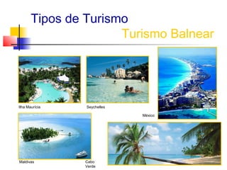 Tipos de Turismo
                      Turismo Balnear




Ilha Maurícia   Seychelles

                             México




Maldivas        Cabo
                Verde
 