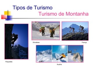 Tipos de Turismo
                       Turismo de Montanha




                   Himalaias             França




Paquistão
                               Austria
 