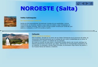 NOROESTE (Salta)
Valles Calchaquíes
Un recorrido para disfrutar
Detrás de las sorprendentes formaciones rocosas de sus quebradas y cerros
multicolores, se levantan pueblos cuyas casas de adobe y paja transportan al
viajero a tiempos remotos. Este circuito circular puede iniciarse por la RN 68 (con
destino a Cafayate) o la RP 33 (rumbo a Cachi).
Esta localidad, ubicada en el centro de los Valles Calchaquíes de la provincia de Salta, es
reconocida internacionalmente por la calidad de sus vinos, la afabilidad de su clima, la
cordialidad de su gente y la belleza de sus paisajes.
Sin duda el encanto de este bello e importante pueblo dentro del circuito calchaquí se
disfruta plenamente recorriendo sus calles, admirando la incomparable arquitectura de
su Catedral, la arbolada y florida Plaza Principal, el pintoresco Viejo Molino de piedra, y
los museos llenos de historia y tradición.
Cafayate
Visite nuestras bodegas
 