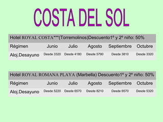 Hotel ROYAL COSTA***(Torremolinos)Descuento1º y 2º niño: 50%
Régimen
Aloj.Desayuno

Junio

Julio

Agosto

Septiembre

Octubre

Desde 3320

Desde 4180

Desde 5790

Desde 3810

Desde 3320

Hotel ROYAL ROMANA PLAYA (Marbella) Descuento1º y 2º niño: 50%
Régimen
Aloj.Desayuno

Junio

Julio

Agosto

Septiembre

Octubre

Desde 5220

Desde 6570

Desde 8210

Desde 6570

Desde 5320

 