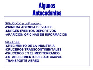 SIGLO XIX: (continuación)
-PRIMERA AGENCIA DE VIAJES
-SURGEN EVENTOS DEPORTIVOS
-APARICION OFICINAS DE INFORMACION
SIGLO XX:
-CRECIMENTO DE LA INDUSTRIA
-CRUCEROS TRANSCONTINENTALES
-CRUCEROS EN EL MEDITERRANEO
-ESTABLECIMIENTO DEL AUTOMOVIL
-TRANSPORTE AEREO
 