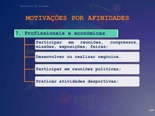 Técnico/a de Turismo
MOTIVAÇÕES POR AFINIDADES
128
7. Profissionais e económicas
Participar em reuniões, congressos,
missões, exposições, feiras;
Desenvolver ou realizar negócios.
Participar em reuniões políticas;
Praticar atividades desportivas;
 