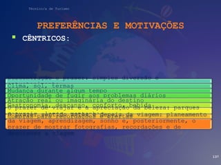 Técnico/a de Turismo
PREFERÊNCIAS E MOTIVAÇÕES
 CÊNTRICOS:
137
Descontração e prazer: simples diversão e
entretenimento
Clima, sol, termas
Mudança durante algum tempo
Oportunidade de fugir aos problemas diários
Atração real ou imaginária do destino
Gastronomia, descanso, conforto, bebida
O prazer de viajar e a apreciação da beleza: parques
naturais, lagos, montanhas
Compras para recordações e ofertas
O prazer sentido antes e depois da viagem: planeamento
da viagem, aprendizagem, sonho e, posteriormente, o
prazer de mostrar fotografias, recordações e de
descrever a viagem
 