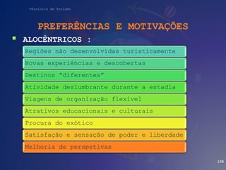 Técnico/a de Turismo
PREFERÊNCIAS E MOTIVAÇÕES
 ALOCÊNTRICOS :
139
Regiões não desenvolvidas turisticamente
Novas experiências e descobertas
Destinos “diferentes”
Atividade deslumbrante durante a estadia
Viagens de organização flexível
Atrativos educacionais e culturais
Procura do exótico
Satisfação e sensação de poder e liberdade
Melhoria de perspetivas
 