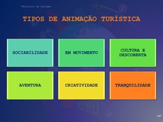 Técnico/a de Turismo
TIPOS DE ANIMAÇÃO TURÍSTICA
SOCIABILIDADE EM MOVIMENTO
CULTURA E
DESCOBERTA
AVENTURA CRIATIVIDADE TRANQUILIDADE
147
 