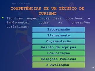 Técnico/a de Turismo
COMPETÊNCIAS DE UM TÉCNICO DE
TURISMO
 Técnicas específicas para coordenar e
implementar todas as operações
turísticas:
158
Programação
Planeamento
Orçamentação
Gestão de equipas
Comunicação
Relações Públicas
e Avaliação.
 