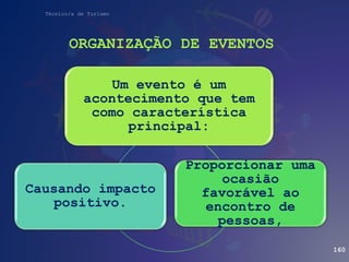 Técnico/a de Turismo
ORGANIZAÇÃO DE EVENTOS
160
Um evento é um
acontecimento que tem
como característica
principal:
Proporcionar uma
ocasião
favorável ao
encontro de
pessoas,
Causando impacto
positivo.
 