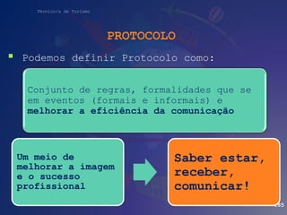 Técnico/a de Turismo
PROTOCOLO
 Podemos definir Protocolo como:
185
Um meio de
melhorar a imagem
e o sucesso
profissional
Saber estar,
receber,
comunicar!
Conjunto de regras, formalidades que se
em eventos (formais e informais) e
melhorar a eficiência da comunicação
 
