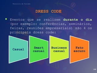Técnico/a de Turismo
DRESS CODE
 Eventos que se realizem durante o dia
(por exemplo: conferências, seminários,
feiras, reuniões empresariais) são 4 os
principais dress code:
199
Casual
Smart
casual
Business
casual
Fato
escuro
 