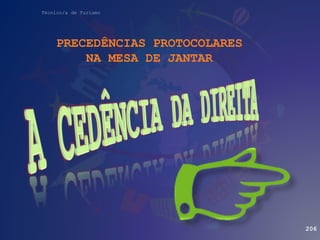Técnico/a de Turismo
PRECEDÊNCIAS PROTOCOLARES
NA MESA DE JANTAR
206
 