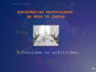 Técnico/a de Turismo
PRECEDÊNCIAS PROTOCOLARES
NA MESA DE JANTAR
 Presidem os anfitriões.
209
 