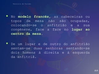 Técnico/a de Turismo
 No modelo francês, as cabeceiras ou
topos de mesa não são ocupadas,
colocando-se o anfitrião e a sua
congénere, face a face no lugar ao
centro da mesa.
 De um lugar e de outro do anfitrião
sentam-se duas senhoras sentando-se
dois homens à direita e à esquerda
da anfitriã.
215
 