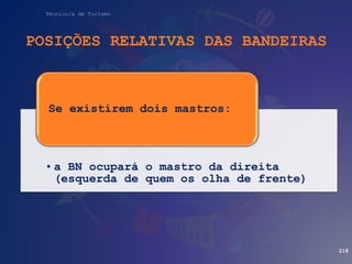 Técnico/a de Turismo
POSIÇÕES RELATIVAS DAS BANDEIRAS
218
•a BN ocupará o mastro da direita
(esquerda de quem os olha de frente)
Se existirem dois mastros:
 