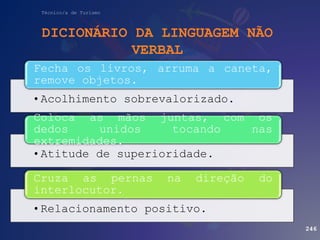 Técnico/a de Turismo
DICIONÁRIO DA LINGUAGEM NÃO
VERBAL
246
•Acolhimento sobrevalorizado.
Fecha os livros, arruma a caneta,
remove objetos.
•Atitude de superioridade.
Coloca as mãos juntas, com os
dedos unidos tocando nas
extremidades.
•Relacionamento positivo.
Cruza as pernas na direção do
interlocutor.
 