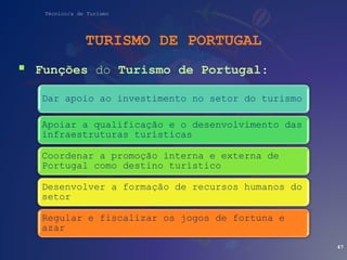Técnico/a de Turismo
TURISMO DE PORTUGAL
 Funções do Turismo de Portugal:
47
Dar apoio ao investimento no setor do turismo
Apoiar a qualificação e o desenvolvimento das
infraestruturas turísticas
Coordenar a promoção interna e externa de
Portugal como destino turístico
Desenvolver a formação de recursos humanos do
setor
Regular e fiscalizar os jogos de fortuna e
azar
 