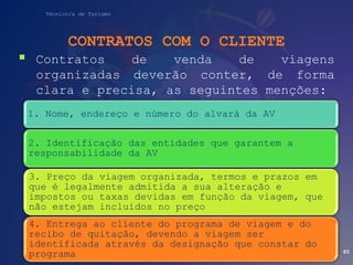 Técnico/a de Turismo
CONTRATOS COM O CLIENTE
 Contratos de venda de viagens
organizadas deverão conter, de forma
clara e precisa, as seguintes menções:
65
1. Nome, endereço e número do alvará da AV
2. Identificação das entidades que garantem a
responsabilidade da AV
3. Preço da viagem organizada, termos e prazos em
que é legalmente admitida a sua alteração e
impostos ou taxas devidas em função da viagem, que
não estejam incluídos no preço
4. Entrega ao cliente do programa de viagem e do
recibo de quitação, devendo a viagem ser
identificada através da designação que constar do
programa
 