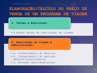 Técnico/a de Turismo
ELABORAÇÃO/CÁLCULO DO PREÇO DE
VENDA DE UM PROGRAMA DE VIAGEM
• 6 meses antes da realização da viagem
4. Vendas e Exploração
• a. Conhecimento do destino
• b. Conhecimento do mercado
emissor/concorrência
• c. Relação qualidade/preço
5. Realização da Viagem e
Administração:
71
 