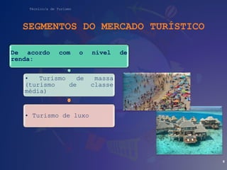Técnico/a de Turismo
SEGMENTOS DO MERCADO TURÍSTICO
De acordo com o nível de
renda:
• Turismo de massa
(turismo de classe
média)
• Turismo de luxo
8
 