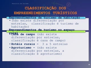 Técnico/a de Turismo
CLASSIFICAÇÃO DOS
EMPREENDIMENTOS TURÍSTICOS
•(não existe diferenciação por
estrelas, classificação é turismo de
habitação)
Empreendimentos de turismo de habitação
•Casa de campo (não existe
diferenciação por estrelas,
classificação é casa de campo)
•Hotéis rurais - 3 a 5 estrelas
•Agroturismo - (não existe
diferenciação por estrelas, a
classificação é agroturismo)
Empreendimentos de turismo no espaço
rural
90
 