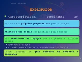 Técnico/a de Turismo
EXPLORADOR
 Características, semelhante ao
organizado:
95
Faz os seus próprios preparativos para a viagem
Afasta-se dos locais frequentados pelas massas
Faz tentativas de ligação com as gentes e culturas
locais
• Aprende a língua
• Procura restaurantes e acontecimentos locais
Porém, procura um grau razoável de conforto e
segurança
 