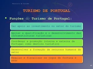 Técnico/a de Turismo
TURISMO DE PORTUGAL
 Funções do Turismo de Portugal:
47
Dar apoio ao investimento no setor do turism...