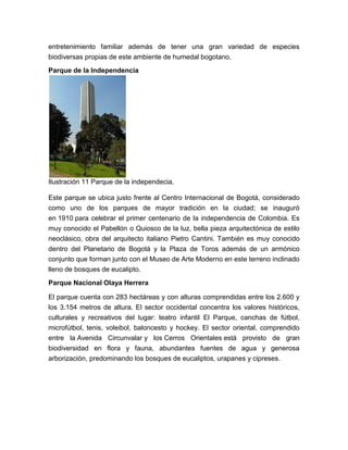 entretenimiento familiar además de tener una gran variedad de especies
biodiversas propias de este ambiente de humedal bogotano.
Parque de la Independencia




Ilustración 11 Parque de la independecia.

Este parque se ubica justo frente al Centro Internacional de Bogotá, considerado
como uno de los parques de mayor tradición en la ciudad; se inauguró
en 1910 para celebrar el primer centenario de la independencia de Colombia. Es
muy conocido el Pabellón o Quiosco de la luz, bella pieza arquitectónica de estilo
neoclásico, obra del arquitecto italiano Pietro Cantini. También es muy conocido
dentro del Planetario de Bogotá y la Plaza de Toros además de un armónico
conjunto que forman junto con el Museo de Arte Moderno en este terreno inclinado
lleno de bosques de eucalipto.
Parque Nacional Olaya Herrera

El parque cuenta con 283 hectáreas y con alturas comprendidas entre los 2.600 y
los 3.154 metros de altura. El sector occidental concentra los valores históricos,
culturales y recreativos del lugar: teatro infantil El Parque, canchas de fútbol,
microfútbol, tenis, voleibol, baloncesto y hockey. El sector oriental, comprendido
entre la Avenida Circunvalar y los Cerros Orientales está provisto de gran
biodiversidad en flora y fauna, abundantes fuentes de agua y generosa
arborización, predominando los bosques de eucaliptos, urapanes y cipreses.
 