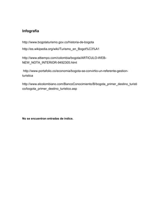 Infografía


http://www.bogotaturismo.gov.co/historia-de-bogota

http://es.wikipedia.org/wiki/Turismo_en_Bogot%C3%A1

http://www.eltiempo.com/colombia/bogota/ARTICULO-WEB-
NEW_NOTA_INTERIOR-9492305.html

http://www.portafolio.co/economia/bogota-se-convirtio-un-referente-gestion-
turistica

http://www.elcolombiano.com/BancoConocimiento/B/bogota_primer_destino_turisti
co/bogota_primer_destino_turistico.asp




No se encuentran entradas de índice.
 