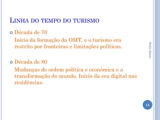 LINHA DO TEMPO DO TURISMO
   Década de 70
    Início da formação da OMT, e o turismo era
    restrito por fronteiras e limitações políticas.




                                                         Otilia Afonso
   Década de 80
    Mudanças de ordem política e econômica e a
    transformação do mundo. Início da era digital nas
    residências.



                                                        15
 