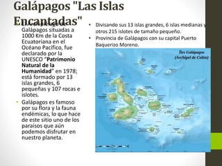 Galápagos "Las Islas
Encantadas"• El Archipiélago de
Galápagos situadas a
1000 Km de la Costa
Ecuatoriana en el
Océano Pacífico, fue
declarado por la
UNESCO “Patrimonio
Natural de la
Humanidad” en 1978;
está formado por 13
islas grandes, 6
pequeñas y 107 rocas e
islotes.
• Galápagos es famoso
por su flora y la fauna
endémicas, lo que hace
de este sitio uno de los
paraísos que aún
podemos disfrutar en
nuestro planeta.
• Divisando sus 13 islas grandes, 6 islas medianas y
otros 215 islotes de tamaño pequeño.
• Provincia de Galápagos con su capital Puerto
Baquerizo Moreno.
 